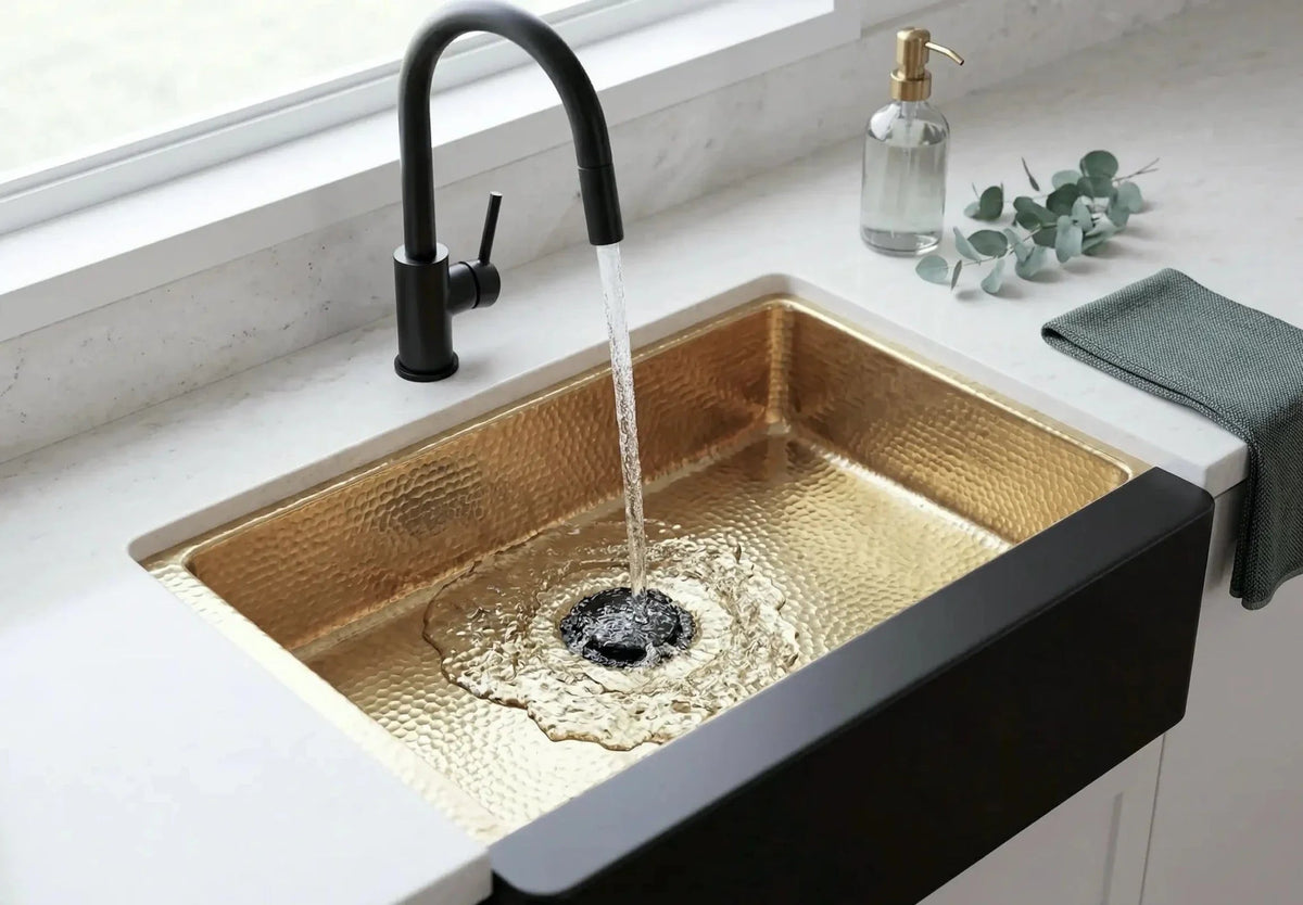 Hammered Brass Farmhouse Sink – Black Apron Front, Handmade Moroccan Kitchen Decor - BRASSDORIA
