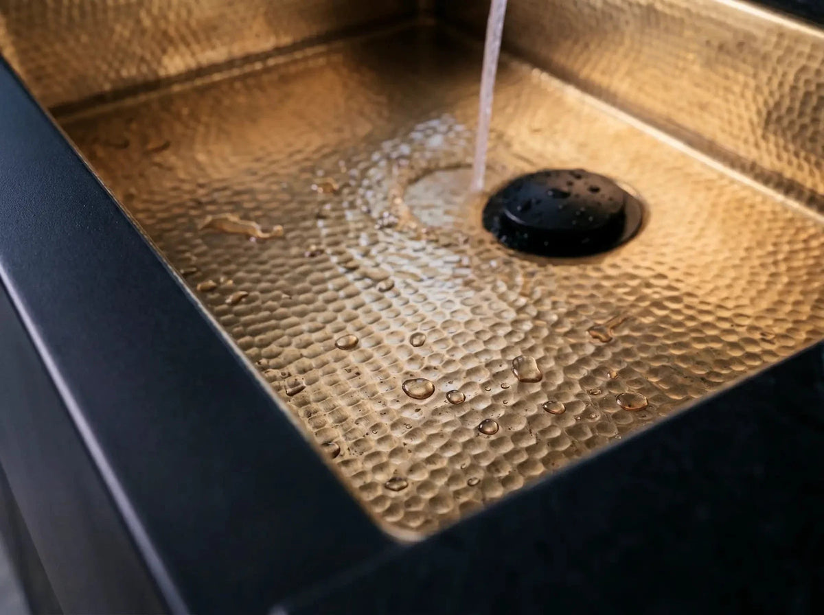 Hammered Brass Farmhouse Sink – Black Apron Front, Handmade Moroccan Kitchen Decor - BRASSDORIA