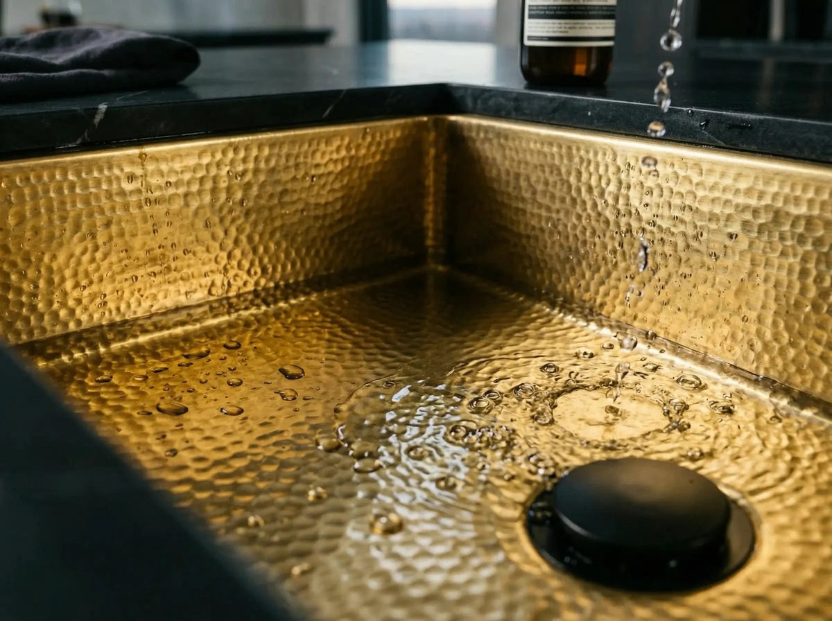 Hammered Brass Farmhouse Sink – Black Apron Front, Handmade Moroccan Kitchen Decor - BRASSDORIA