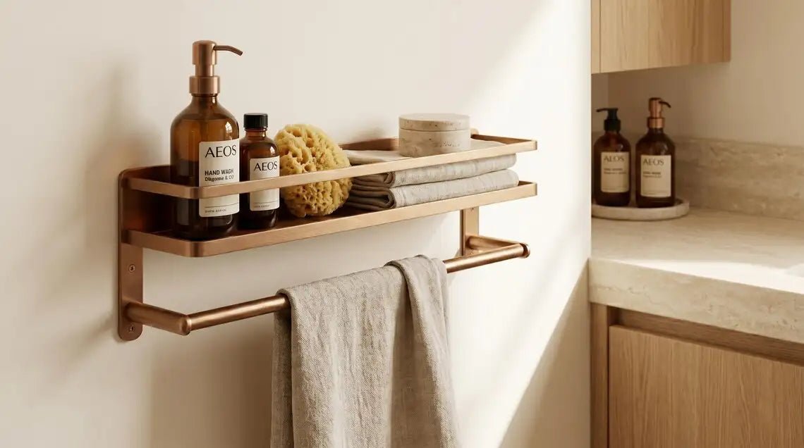 Hammered Copper Bathroom Shelf with Towel Bar, Moroccan Wall Organizer - BRASSDORIA