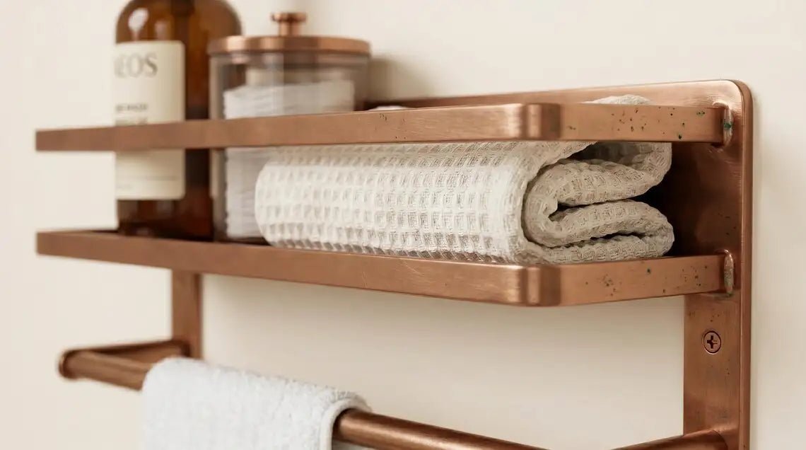 Hammered Copper Bathroom Shelf with Towel Bar, Moroccan Wall Organizer - BRASSDORIA