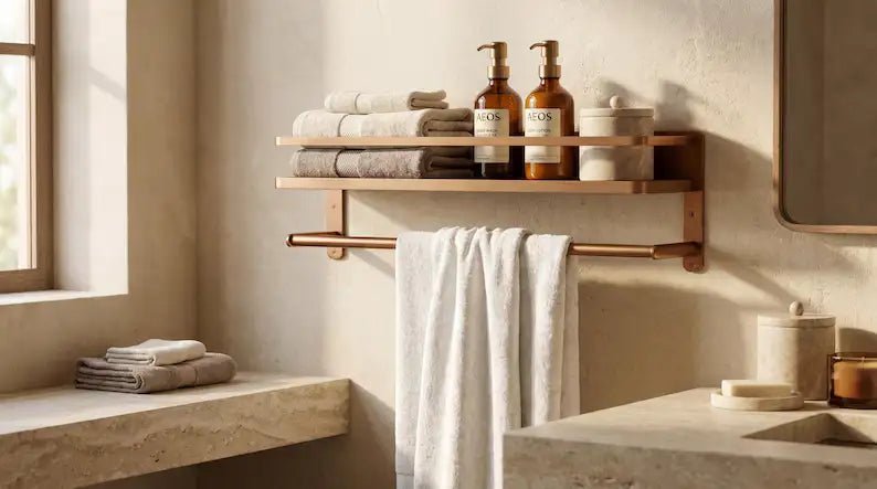 Hammered Copper Bathroom Shelf with Towel Bar, Moroccan Wall Organizer - BRASSDORIA