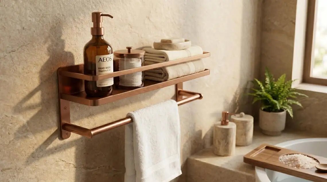 Hammered Copper Bathroom Shelf with Towel Bar, Moroccan Wall Organizer - BRASSDORIA