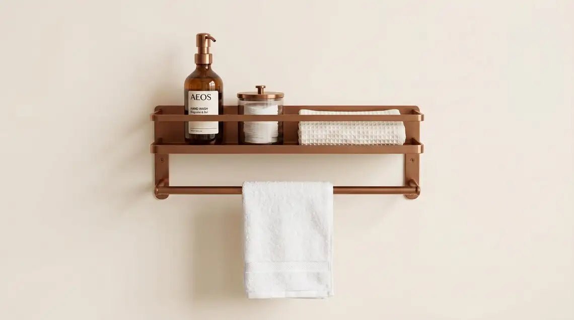 Hammered Copper Bathroom Shelf with Towel Bar, Moroccan Wall Organizer - BRASSDORIA
