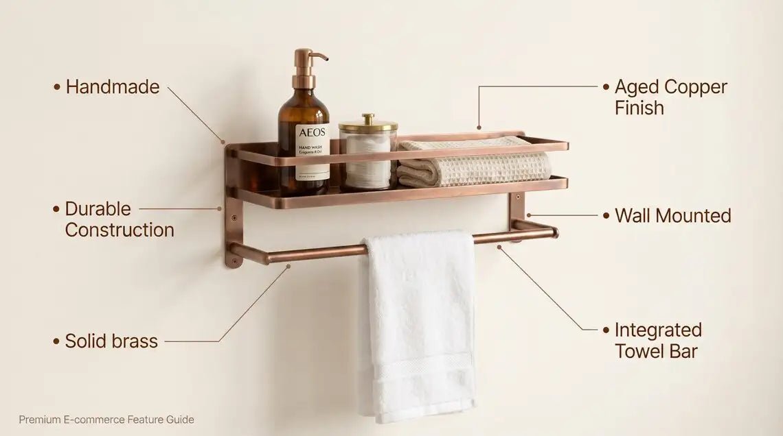 Hammered Copper Bathroom Shelf with Towel Bar, Moroccan Wall Organizer - BRASSDORIA