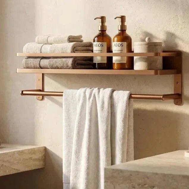 Hammered Copper Bathroom Shelf with Towel Bar, Moroccan Wall Organizer - BRASSDORIA