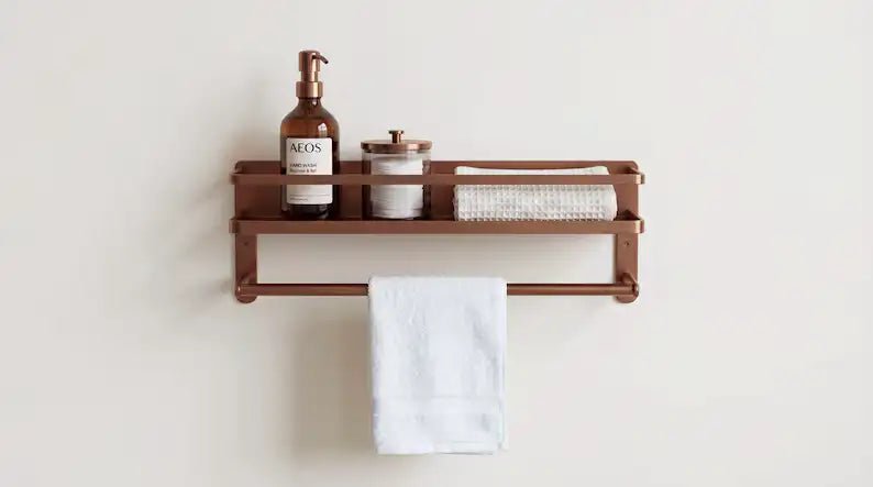 Hammered Copper Bathroom Shelf with Towel Bar, Moroccan Wall Organizer - BRASSDORIA