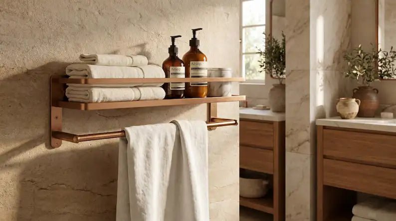 Hammered Copper Bathroom Shelf with Towel Bar, Moroccan Wall Organizer - BRASSDORIA
