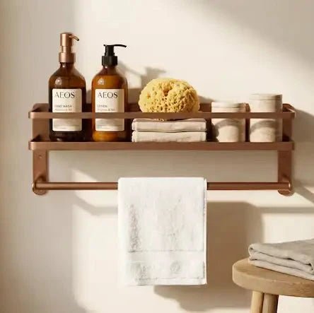 Hammered Copper Bathroom Shelf with Towel Bar, Moroccan Wall Organizer - BRASSDORIA
