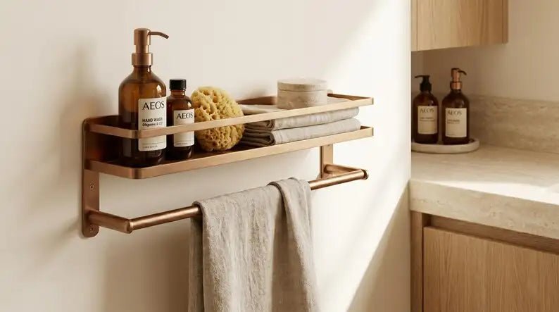 Hammered Copper Bathroom Shelf with Towel Bar, Moroccan Wall Organizer - BRASSDORIA