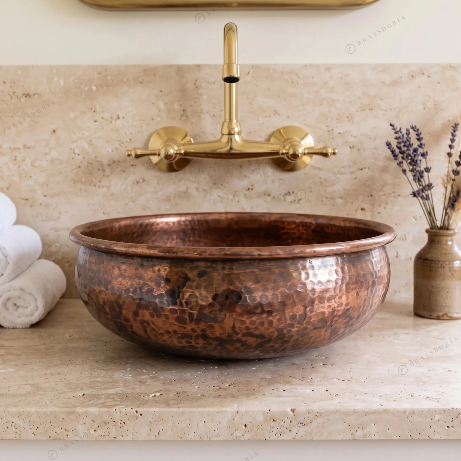 Hammered Copper Bathroom Sink – Dark Brown Patina Vessel Basin - BRASSDORIA