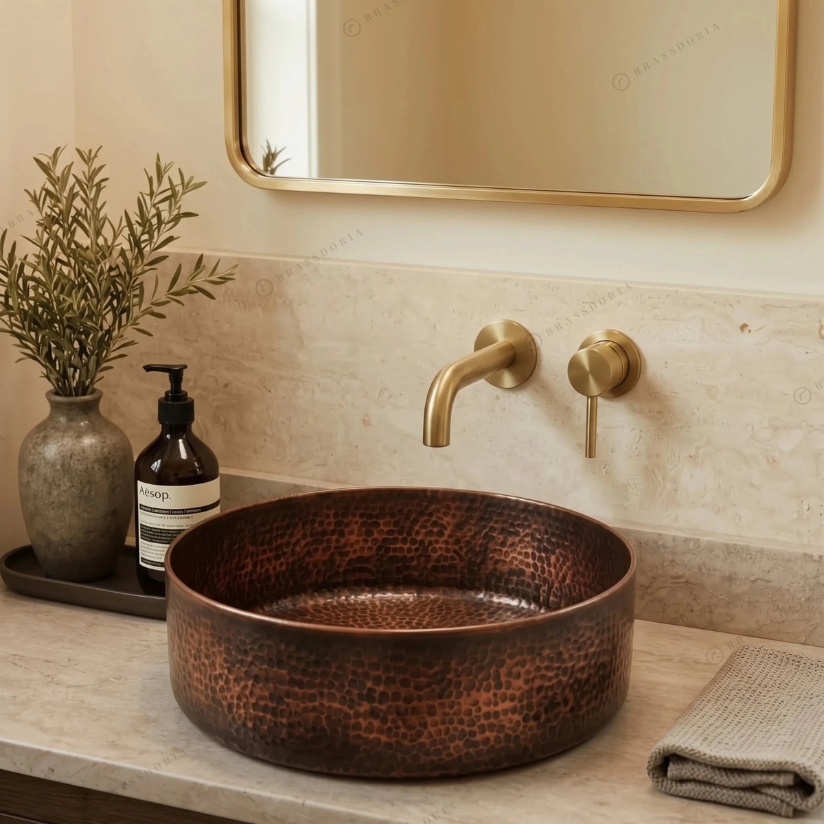 Hammered Copper Bathroom Sink – Handmade Vessel Sink Set & Rustic Modern Vanity Basin - BRASSDORIA