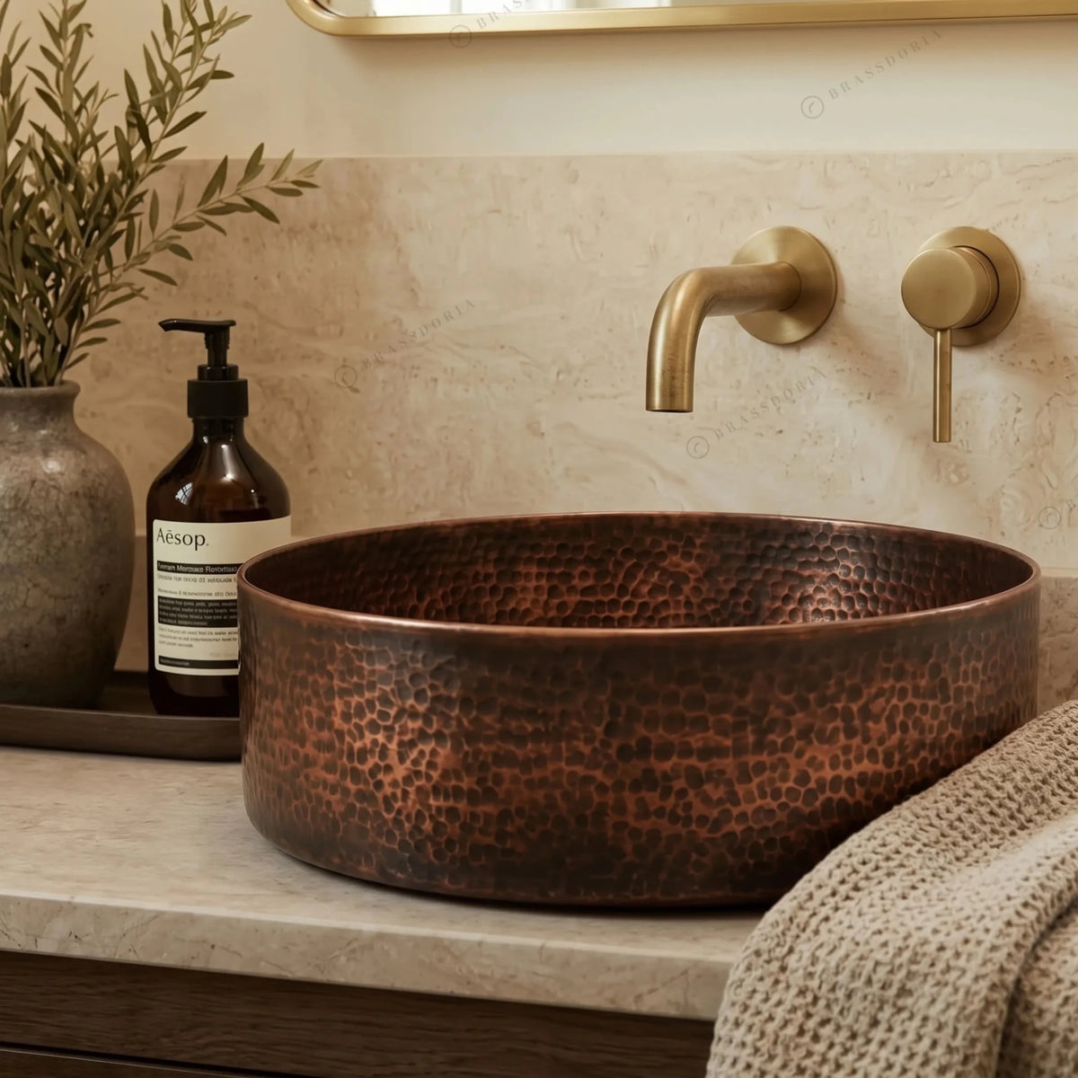 Hammered Copper Bathroom Sink – Handmade Vessel Sink Set & Rustic Modern Vanity Basin - BRASSDORIA