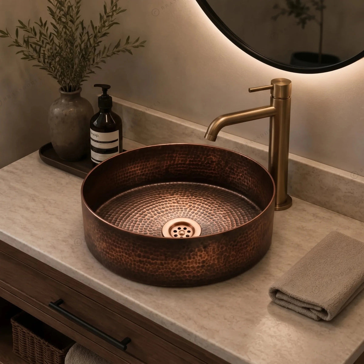 Hammered Copper Bathroom Sink – Handmade Vessel Sink Set & Rustic Modern Vanity Basin - BRASSDORIA