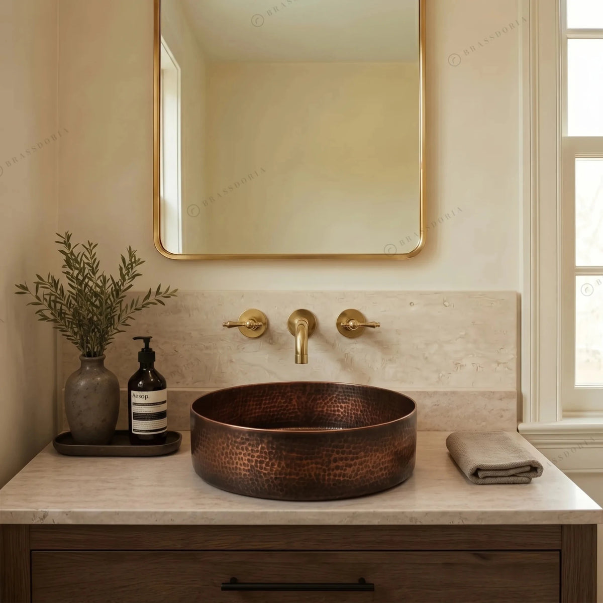 Hammered Copper Bathroom Sink – Handmade Vessel Sink Set & Rustic Modern Vanity Basin - BRASSDORIA