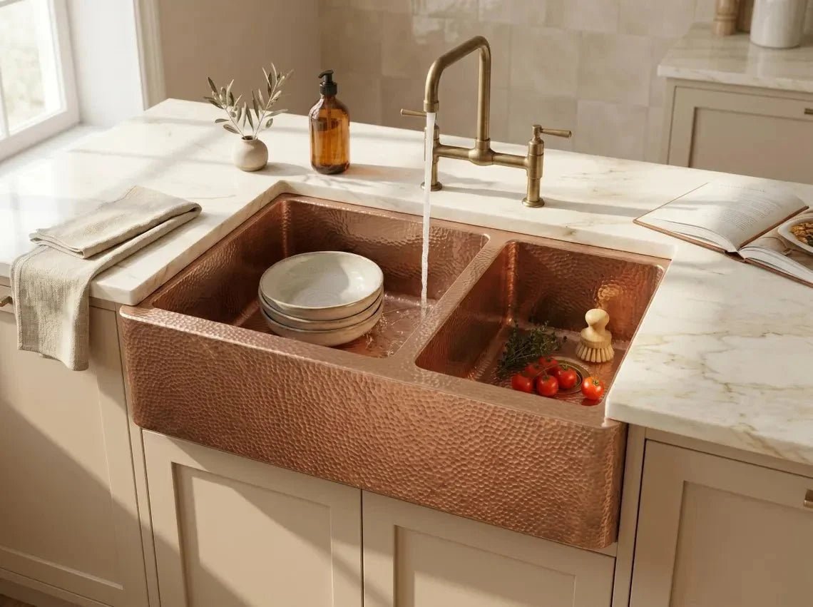 Hammered Copper Double Bowl Farmhouse Sink – Moroccan Artisan Apron Front Kitchen Sink - BRASSDORIA