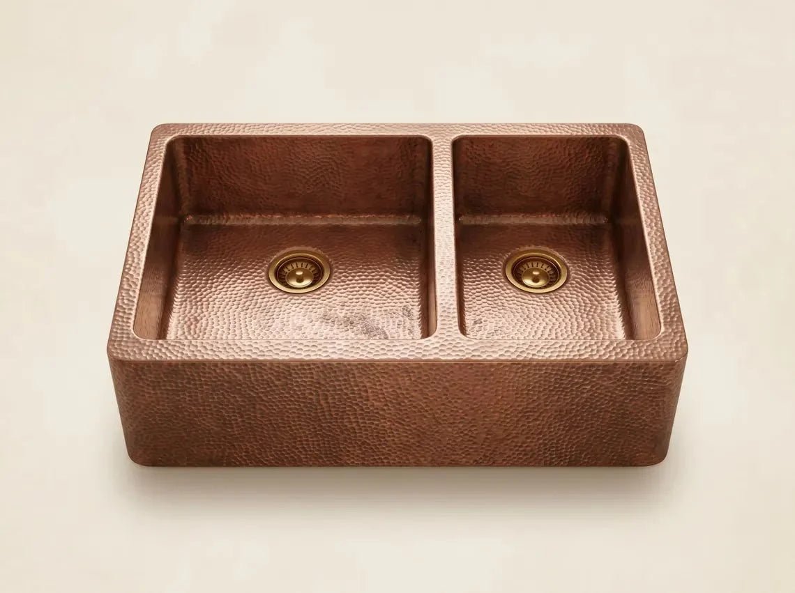 Hammered Copper Double Bowl Farmhouse Sink – Moroccan Artisan Apron Front Kitchen Sink - BRASSDORIA