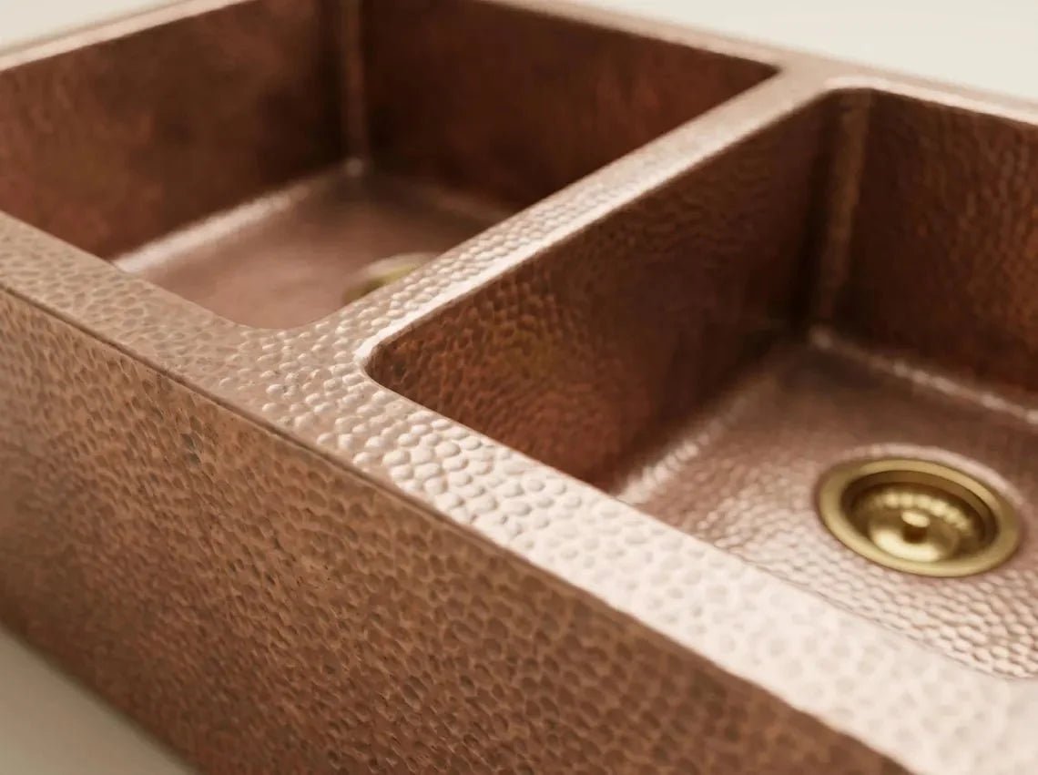 Hammered Copper Double Bowl Farmhouse Sink – Moroccan Artisan Apron Front Kitchen Sink - BRASSDORIA