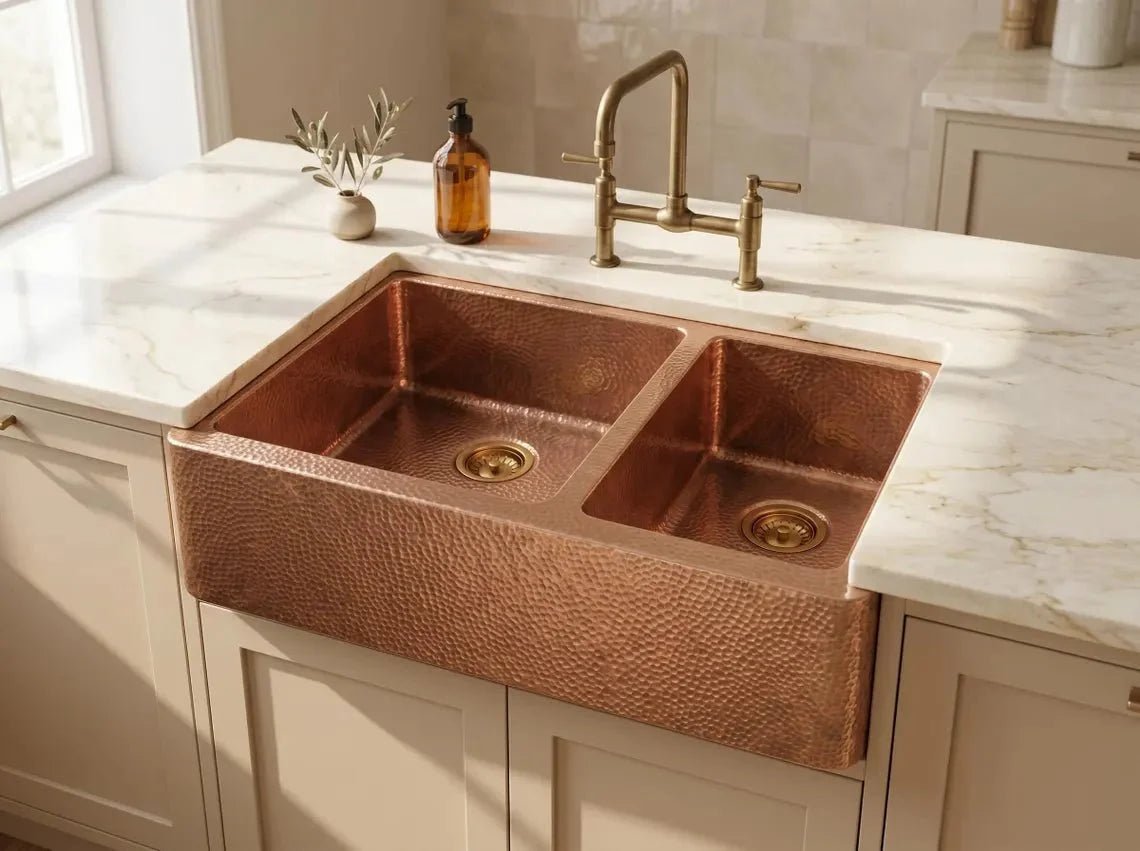 Hammered Copper Double Bowl Farmhouse Sink – Moroccan Artisan Apron Front Kitchen Sink - BRASSDORIA