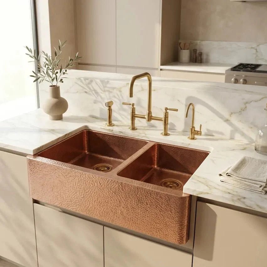 Hammered Copper Double Bowl Farmhouse Sink – Moroccan Artisan Apron Front Kitchen Sink - BRASSDORIA