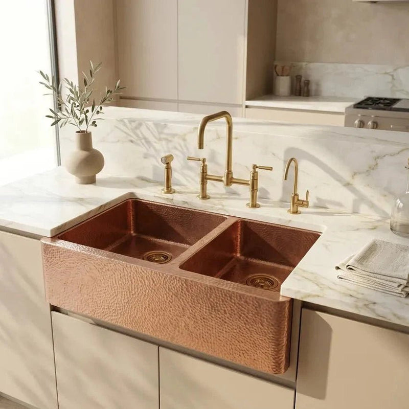 Hammered Copper Double Bowl Farmhouse Sink – Moroccan Artisan Apron Front Kitchen Sink - BRASSDORIA