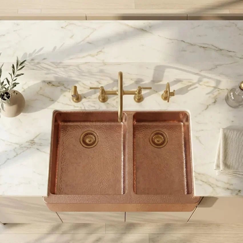 Hammered Copper Double Bowl Farmhouse Sink – Moroccan Artisan Apron Front Kitchen Sink - BRASSDORIA
