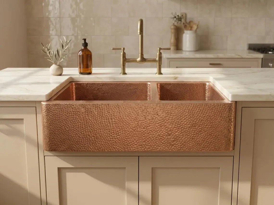 Hammered Copper Double Bowl Farmhouse Sink – Moroccan Artisan Apron Front Kitchen Sink - BRASSDORIA