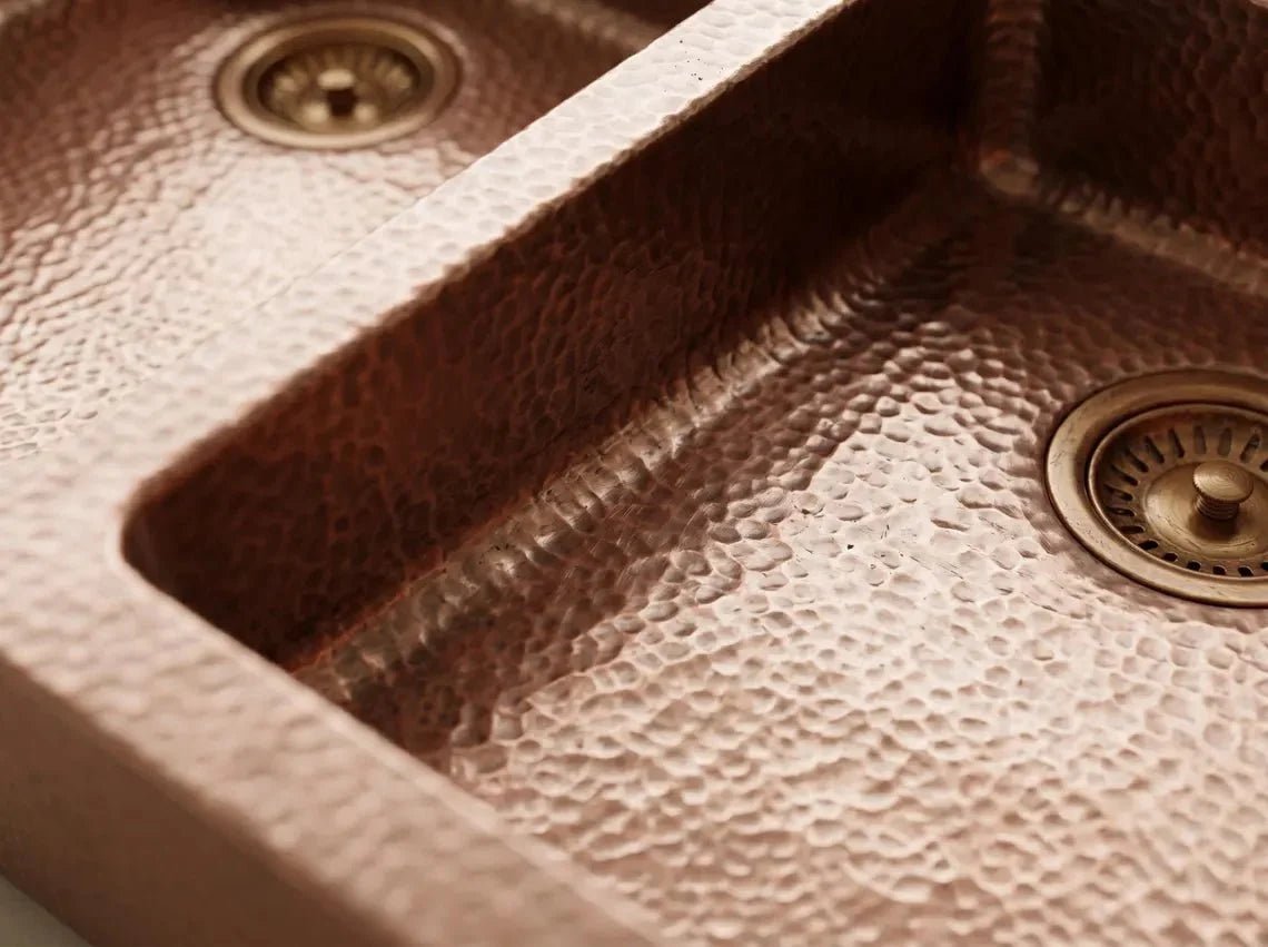 Hammered Copper Double Bowl Farmhouse Sink – Moroccan Artisan Apron Front Kitchen Sink - BRASSDORIA