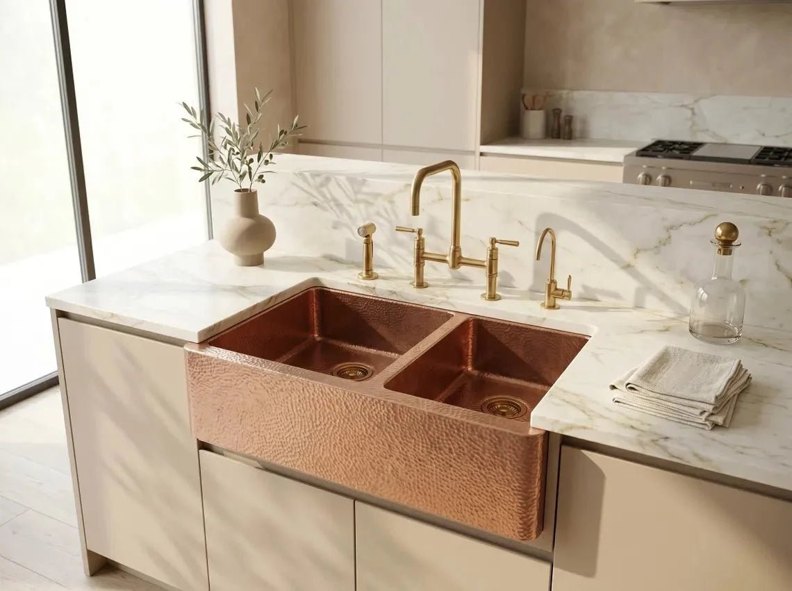 Hammered Copper Double Bowl Farmhouse Sink – Moroccan Artisan Apron Front Kitchen Sink - BRASSDORIA