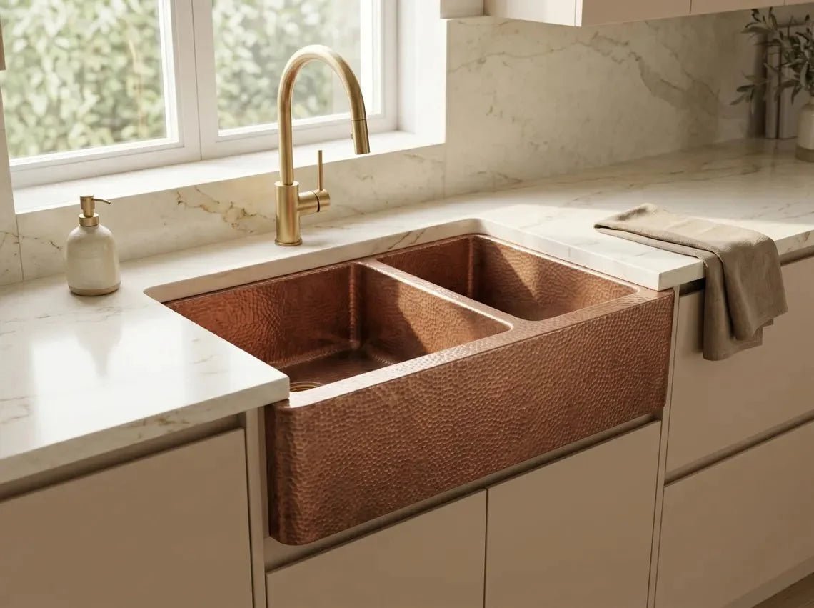 Hammered Copper Double Bowl Farmhouse Sink – Moroccan Artisan Apron Front Kitchen Sink - BRASSDORIA
