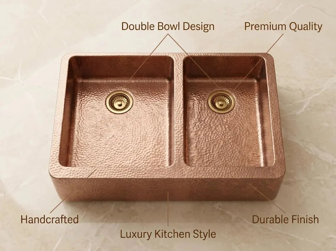 Hammered Copper Double Bowl Farmhouse Sink – Moroccan Artisan Apron Front Kitchen Sink - BRASSDORIA
