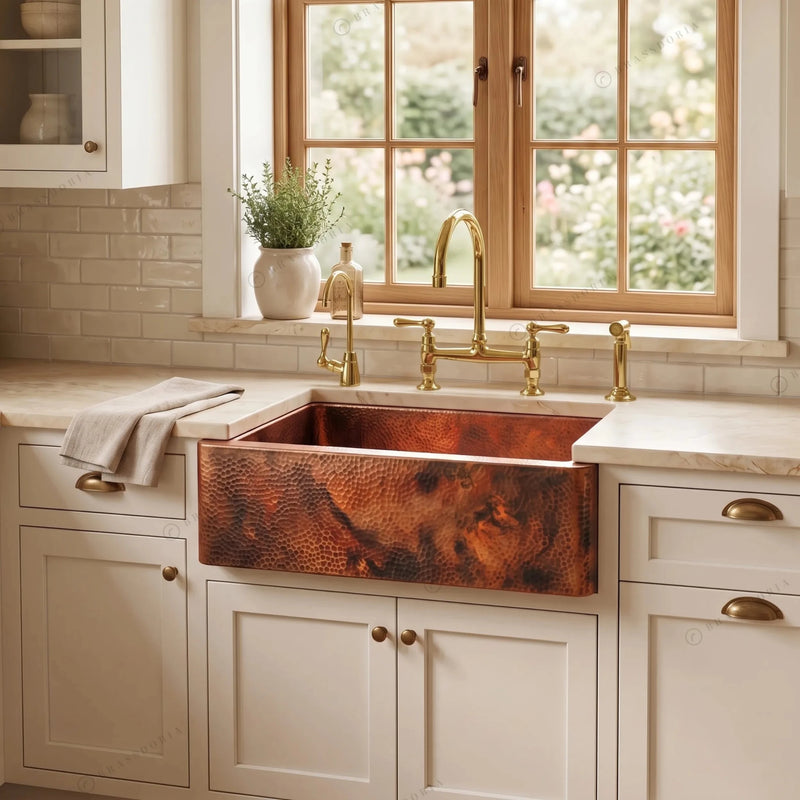 Hammered Copper Farmhouse Sink – Large Copper Kitchen Sink - BRASSDORIA