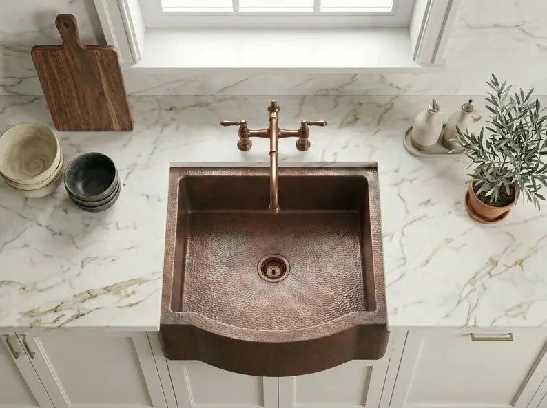Hammered Copper Farmhouse Sink – Single Basin, Apron Front, Moroccan Artisan Kitchen Sink - BRASSDORIA