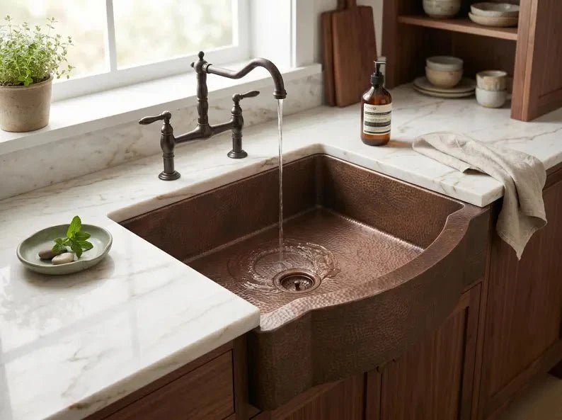 Hammered Copper Farmhouse Sink – Single Basin, Apron Front, Moroccan Artisan Kitchen Sink - BRASSDORIA