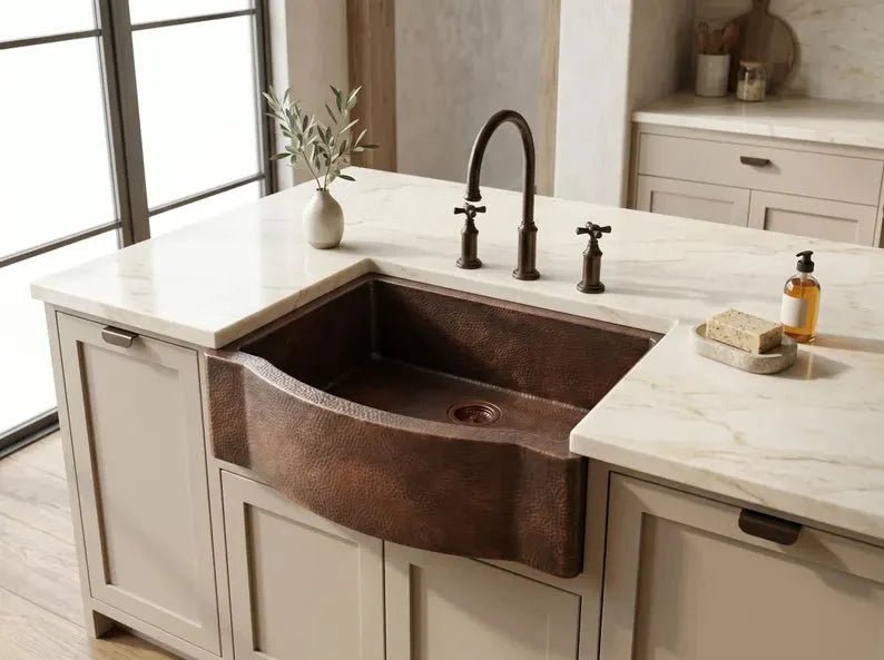 Hammered Copper Farmhouse Sink – Single Basin, Apron Front, Moroccan Artisan Kitchen Sink - BRASSDORIA