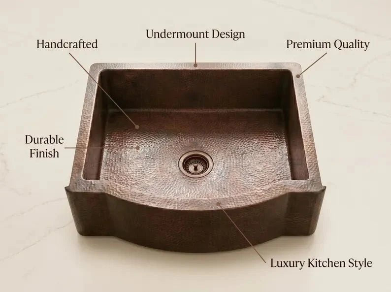 Hammered Copper Farmhouse Sink – Single Basin, Apron Front, Moroccan Artisan Kitchen Sink - BRASSDORIA