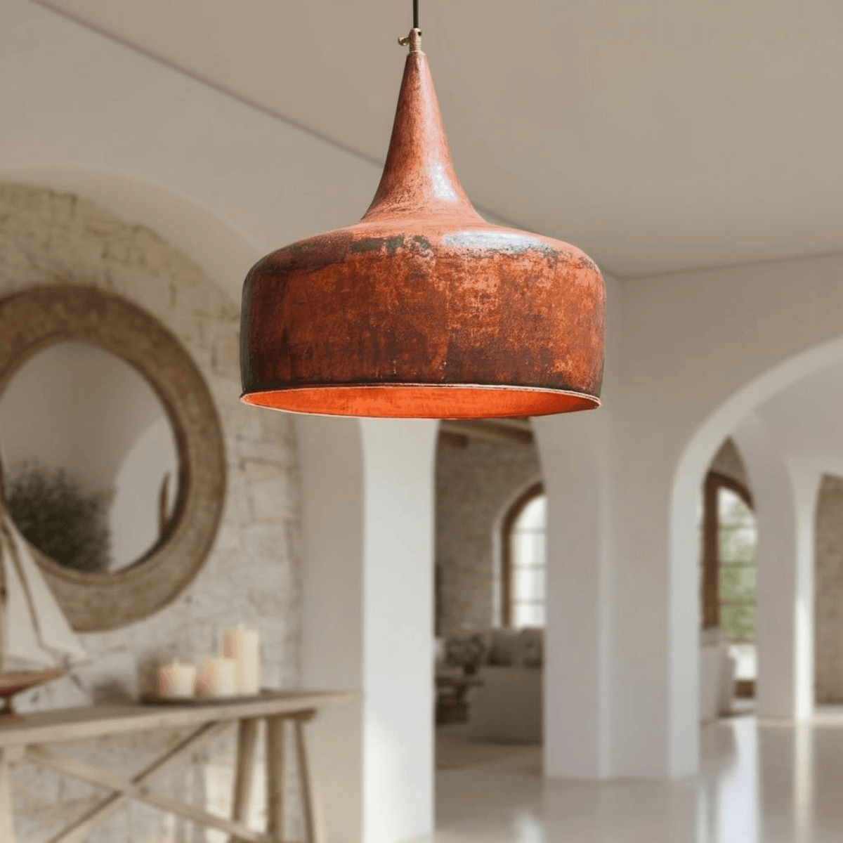 Hammered Copper Flared Dome Pendant – Rustic Ceiling Light - BRASSDORIA