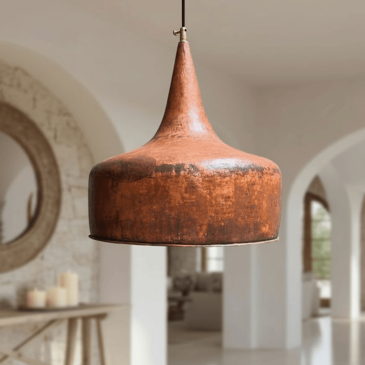 Hammered Copper Flared Dome Pendant – Rustic Ceiling Light - BRASSDORIA