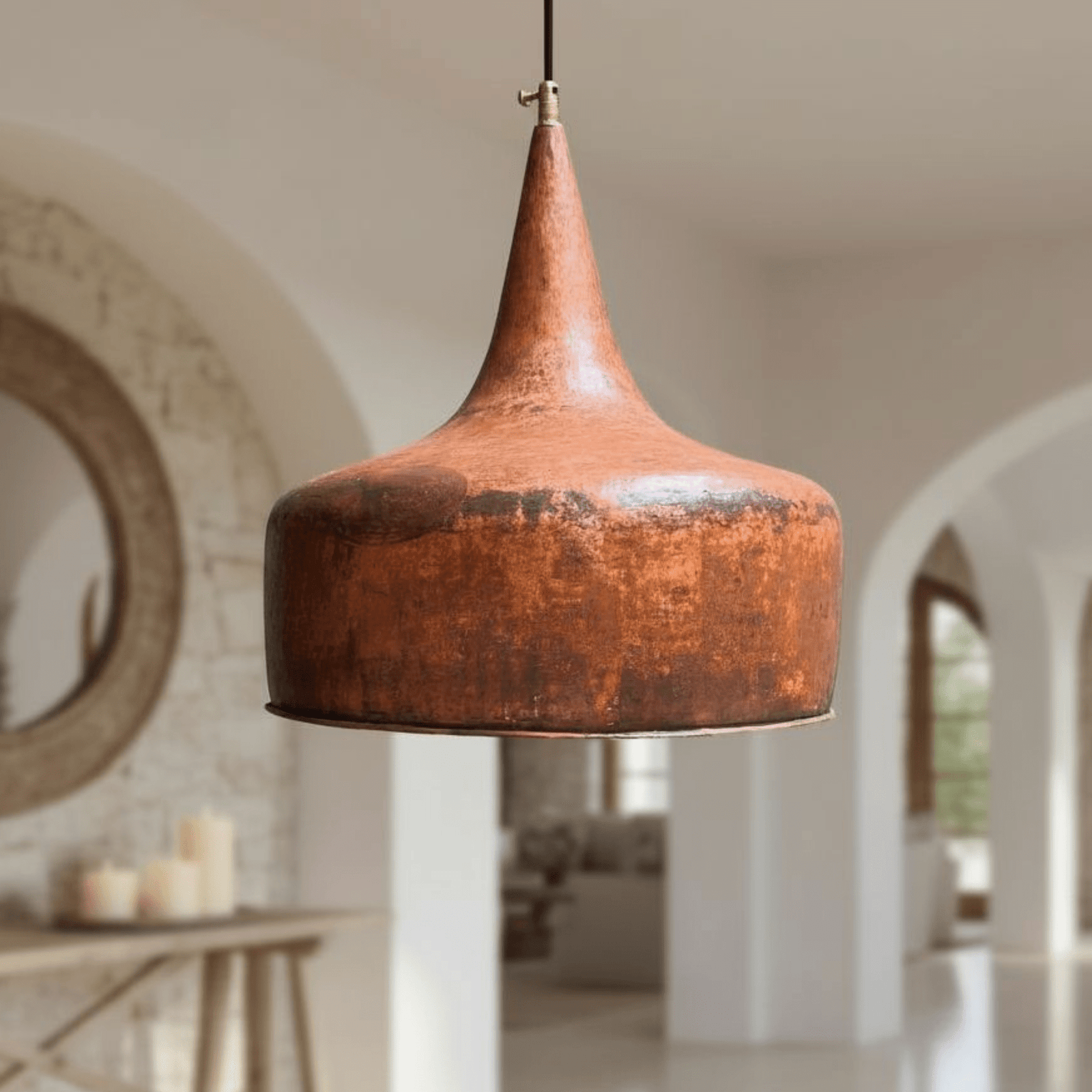 Hammered Copper Flared Dome Pendant – Rustic Ceiling Light - BRASSDORIA