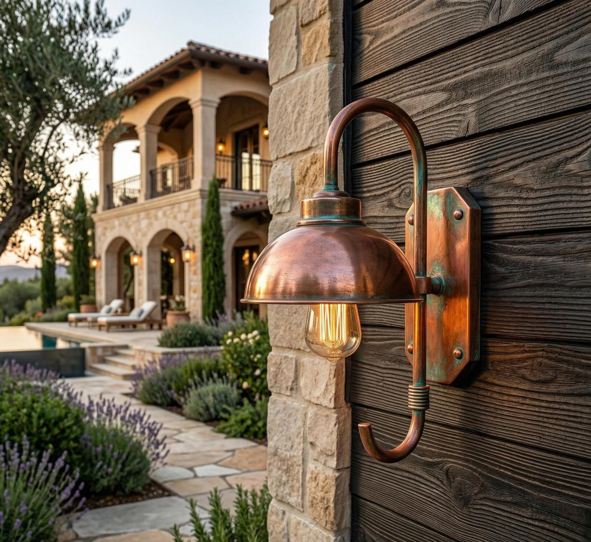Hammered Copper Gooseneck Wall Sconce – Outdoor Farmhouse Wall Light - BRASSDORIA