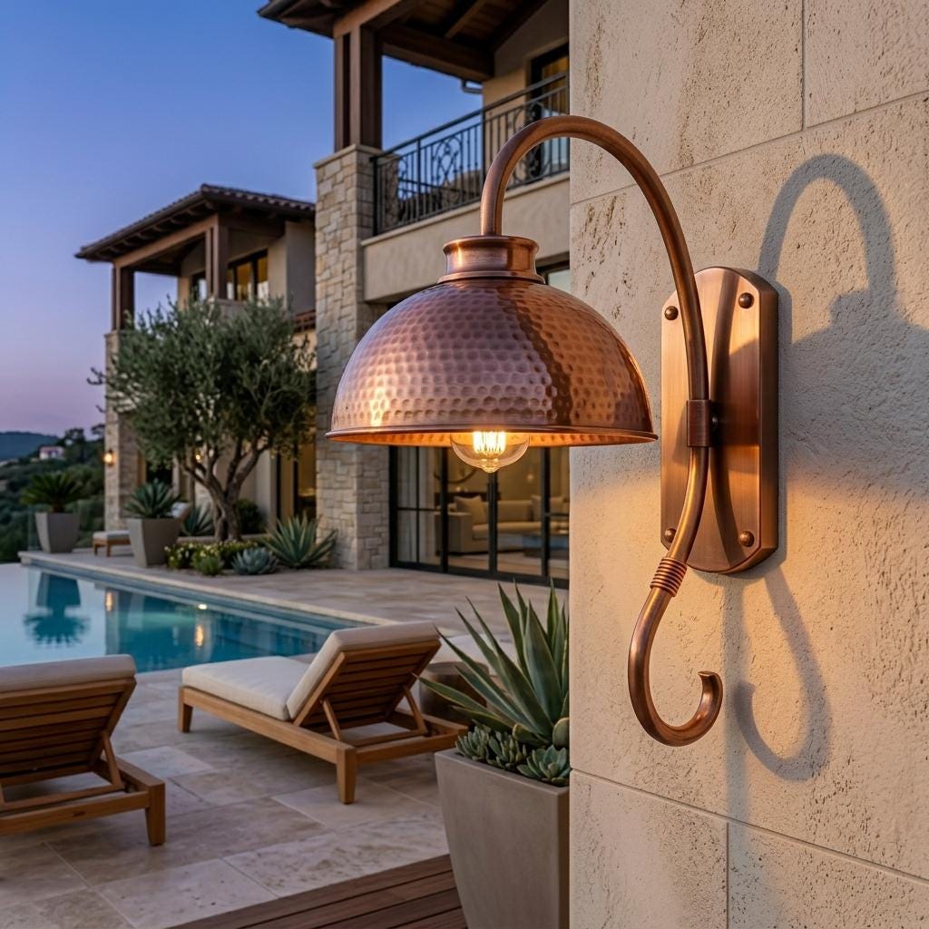Hammered Copper Gooseneck Wall Sconce – Outdoor Farmhouse Wall Light - BRASSDORIA