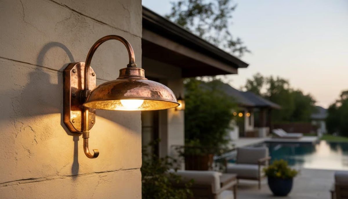 Hammered Copper Gooseneck Wall Sconce – Outdoor Farmhouse Wall Light - BRASSDORIA