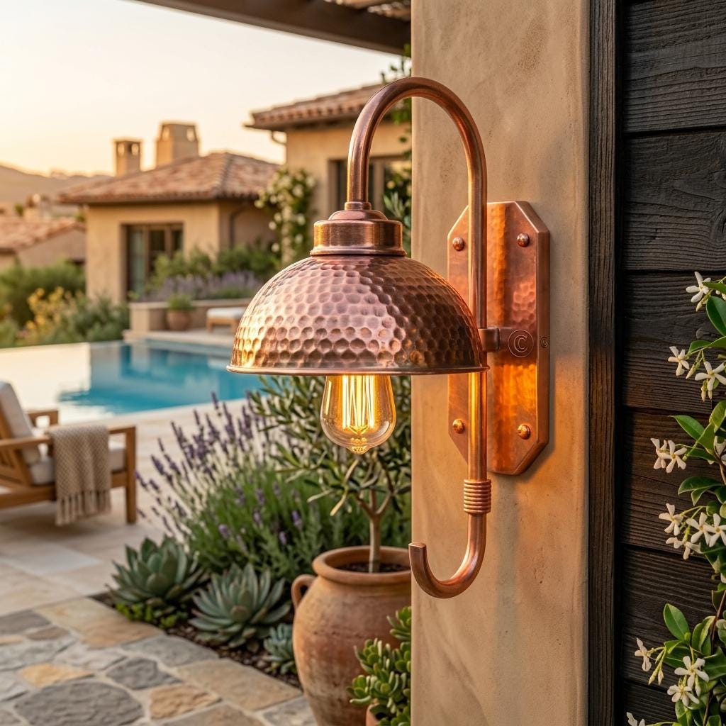 Hammered Copper Gooseneck Wall Sconce – Outdoor Farmhouse Wall Light - BRASSDORIA