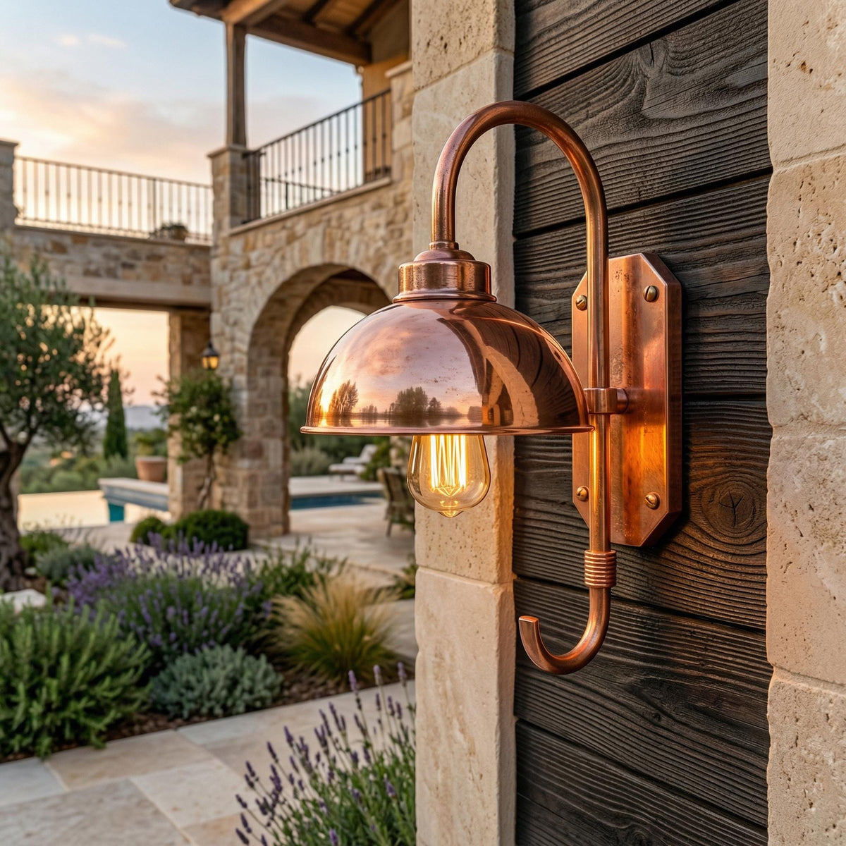 Hammered Copper Gooseneck Wall Sconce – Outdoor Farmhouse Wall Light - BRASSDORIA