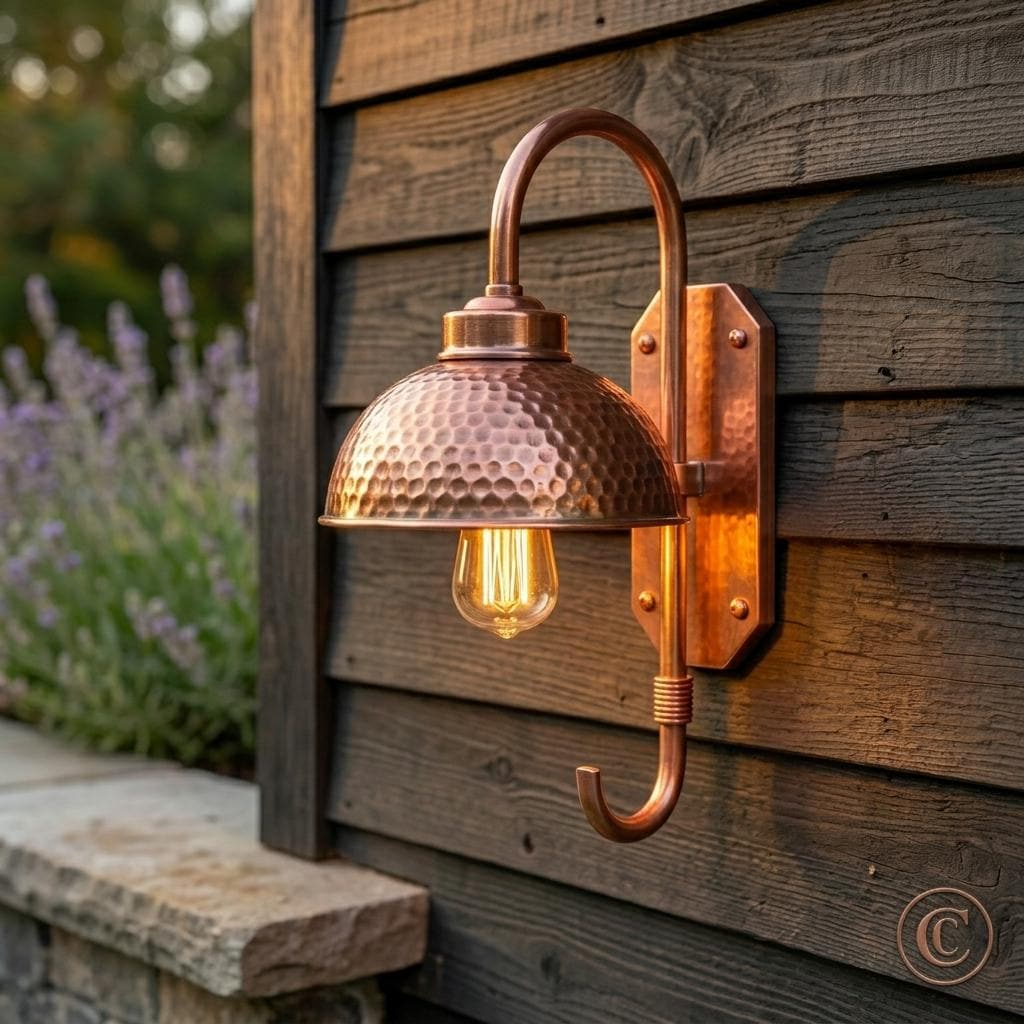 Hammered Copper Gooseneck Wall Sconce – Outdoor Farmhouse Wall Light - BRASSDORIA