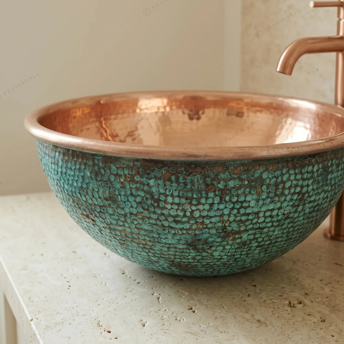 Hammered Dark Green Copper Washbasin – Oxidized Round Sink for Rustic Bathroom Decor - BRASSDORIA