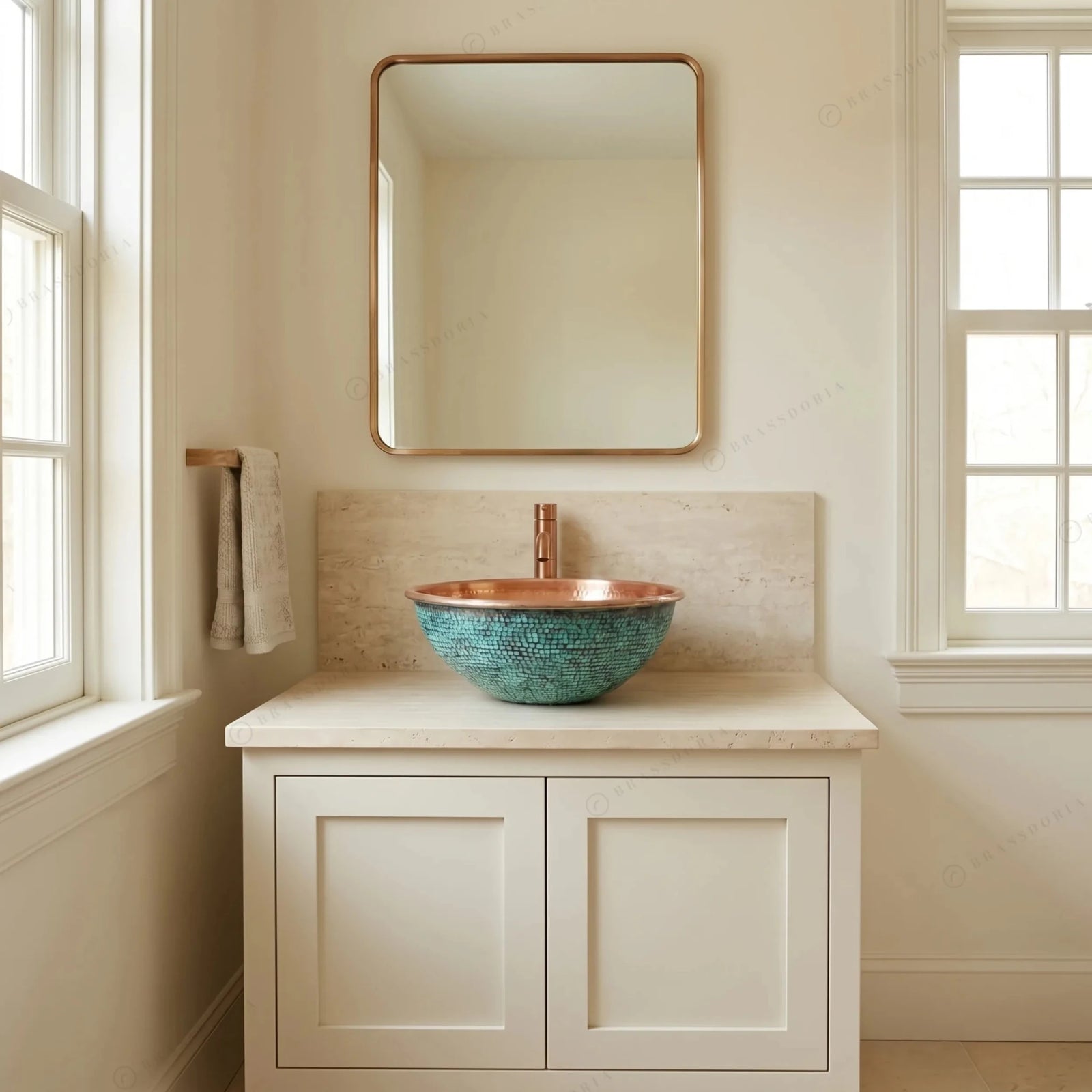 Hammered Dark Green Copper Washbasin – Oxidized Round Sink for Rustic Bathroom Decor - BRASSDORIA
