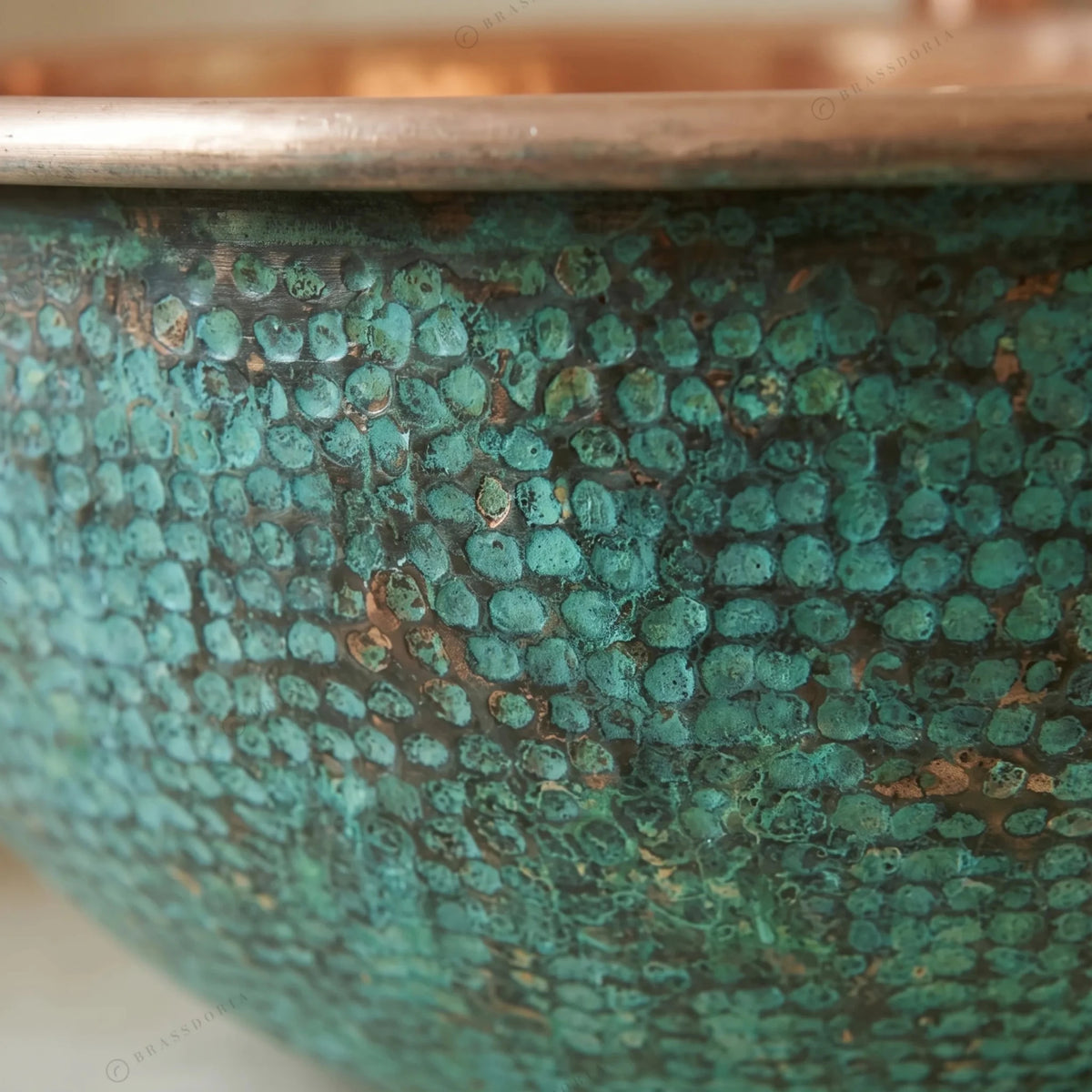 Hammered Dark Green Copper Washbasin – Oxidized Round Sink for Rustic Bathroom Decor - BRASSDORIA
