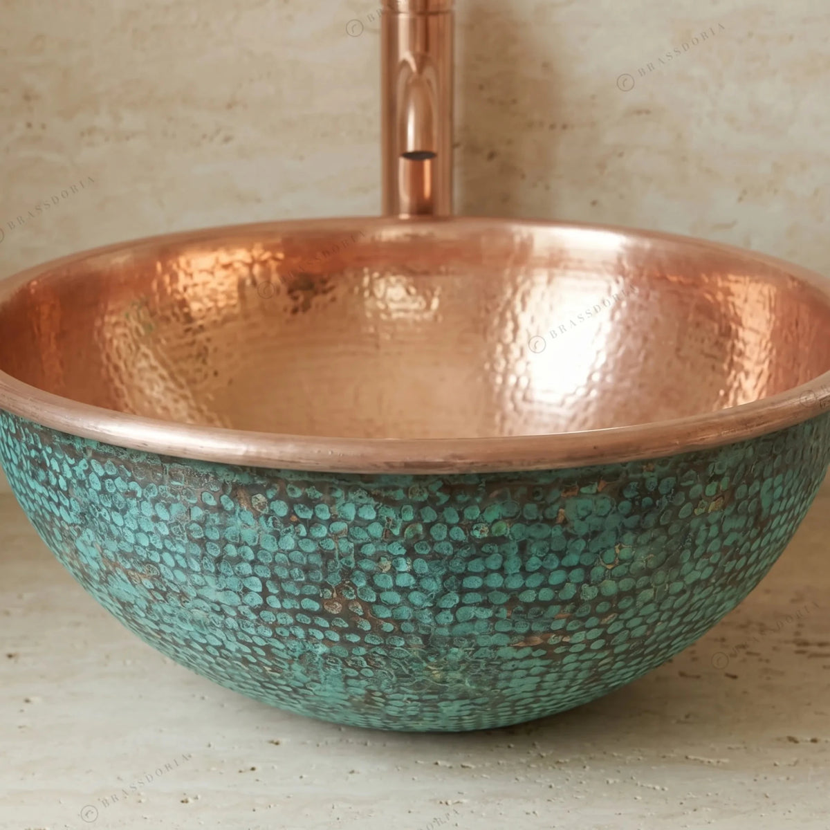 Hammered Dark Green Copper Washbasin – Oxidized Round Sink for Rustic Bathroom Decor - BRASSDORIA