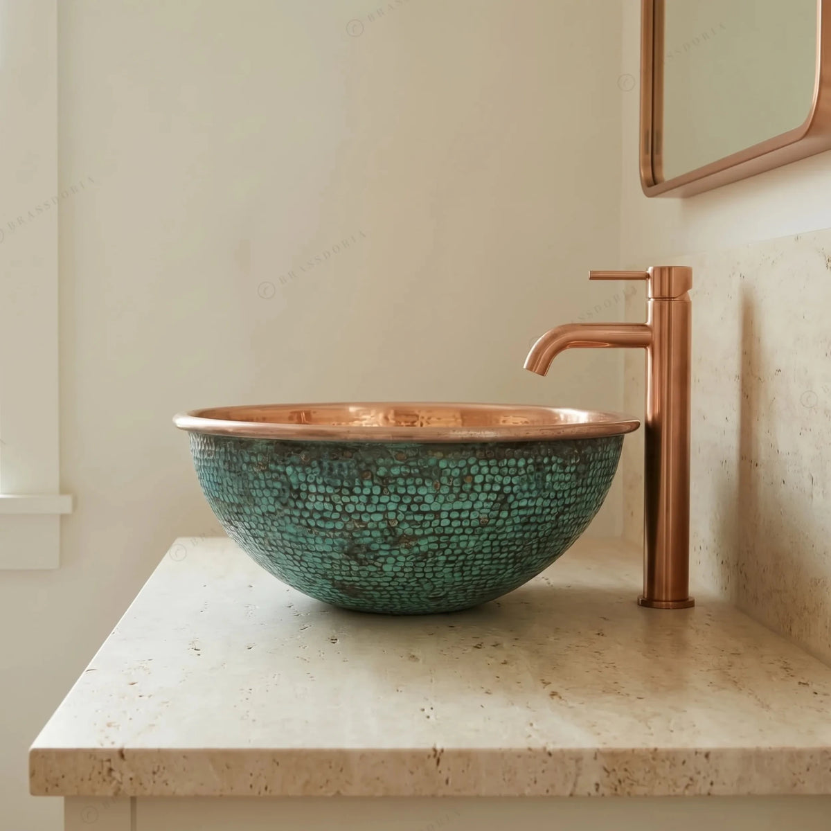 Hammered Dark Green Copper Washbasin – Oxidized Round Sink for Rustic Bathroom Decor - BRASSDORIA